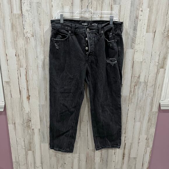 Old Navy High-Waisted Slouchy Straight Cropped Distressed Jeans 10 Zelda Black - Picture 1 of 8